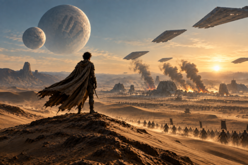 Paul Muad’Dib stands alone on an Arrakis dune directing Fremen and Fedaykin forces toward a distant battle beneath the desert sky.