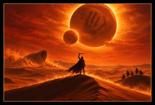 Dune action hero workout featuring Paul Atreides on Arrakis with Fremen warriors, desert dunes, twin moons and the immense sandworm Shai-Hulud.