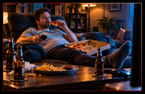 Slightly overweight man relaxing in front of the television with half-eaten pizza, a plate of chips and several beers on the table.