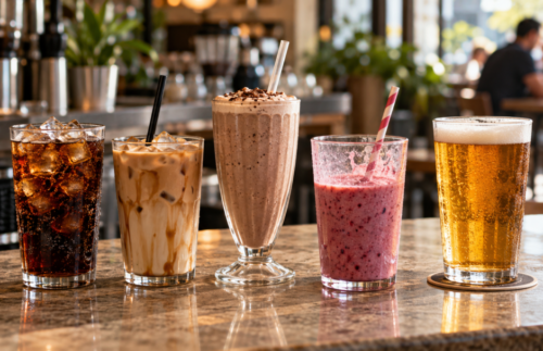 Five drinks arranged on a café counter: iced cola, flavoured iced coffee, chocolate milkshake, berry smoothie and a pint of beer.
