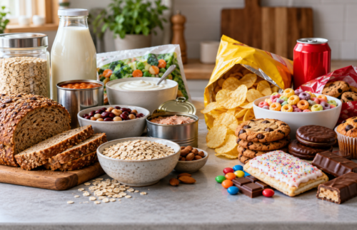 Side-by-side selection of processed foods including wholegrain bread, oats, milk, yoghurt, canned beans, tuna and frozen vegetables, alongside crisps, sugary cereals, biscuits, confectionery and soft drinks.