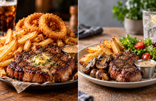 Side-by-side comparison of two steak dinners, showing an indulgent version with a large steak, piled chips and onion rings beside a more balanced plate with a smaller steak, moderate chips, mushrooms, salad and sauce served on the side.