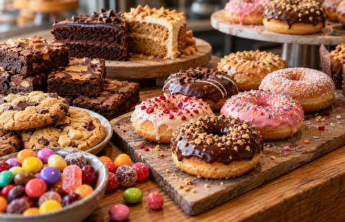 Assorted pastries and sweet baked treats displayed together, including iced doughnuts, pastries, and other sugar-rich desserts.