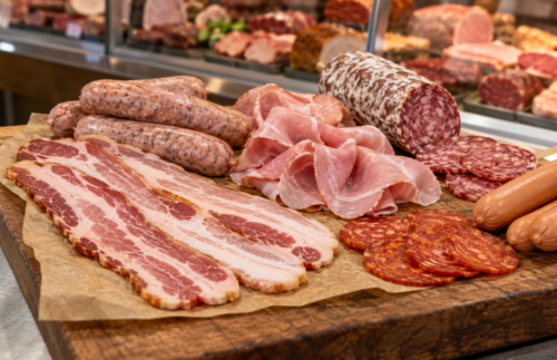 Rustic deli board displaying processed meats including salami, ham, sliced deli meats, sausages and cured cuts arranged on a wooden surface.