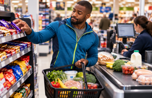 Athletic Black man in a blue training jacket hesitates while reaching for a chocolate bar at a supermarket checkout, holding a shopping basket filled with vegetables, fruit and other nutritious groceries.