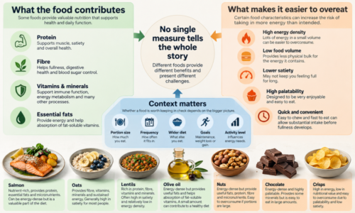 Nutrition infographic comparing protein, fibre, vitamins, minerals and essential fats with factors that can encourage overeating, including energy density, low satiety and high palatability. Food examples illustrate how nutritional value varies.