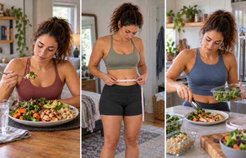 Three-panel image of an athletic woman eating a healthy meal, measuring her waist and portioning food in a realistic home kitchen.