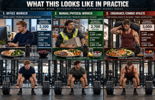 Comparison graphic showing an office worker, a manual worker and an endurance-combat athlete with different training demands, meals and estimated calorie needs.