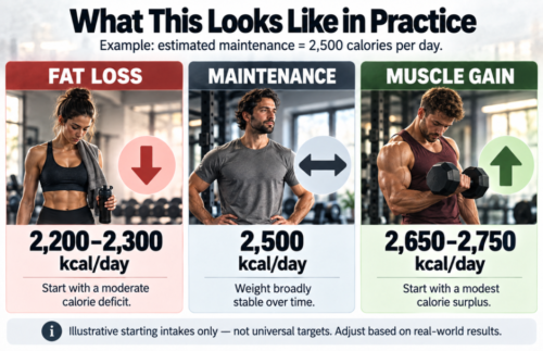 Three-panel infographic showing an athletic woman pursuing fat loss, a man maintaining bodyweight and a man training for muscle gain, with example daily calorie intakes based on 2,500-calorie maintenance.