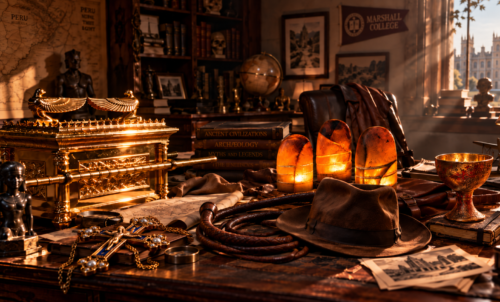 Indiana Jones study filled with his fedora, whip, Ark, Sankara Stones, Holy Grail, Staff of Ra headpiece and archaeological treasures.