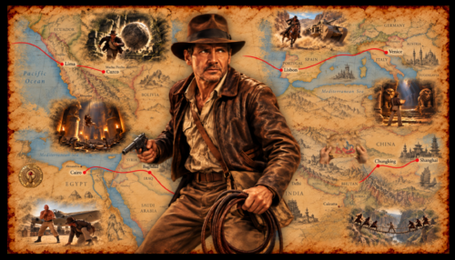 Indiana Jones action hero workout with Indy surrounded by Raiders, Temple of Doom and Last Crusade adventure scenes, maps and archaeological artefacts.