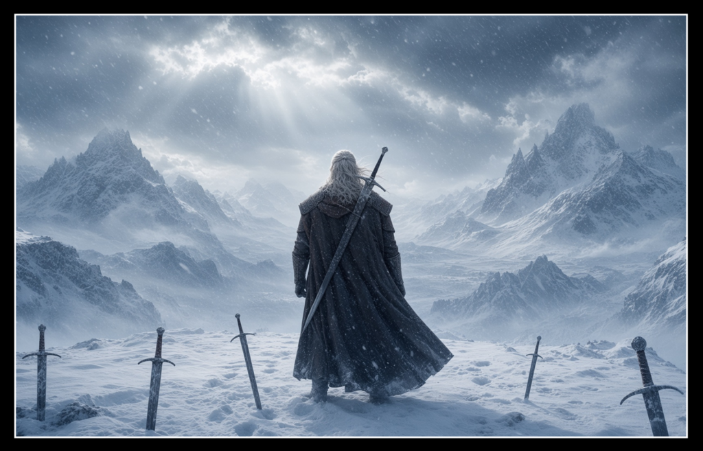 Witcher workout inspired by the stories of Geralt of Rivia by Andrzej Sapkowski. Image shows Geralt on the trail of monsters somewhere in the wilds of the continent.
