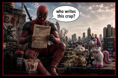 Deadpool workout inspired by the character from the comics and movies. Image shows Wade Wilson, aka Deadpool, sitting on a rooftop contemplating his own workout while breaking the fourth wall to comment on it.