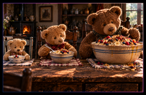 Three realistic plush teddy bears with bowls of porridge in different portion sizes, inspired by the Three Bears fairy tale and illustrating the importance of choosing appropriate food portions.