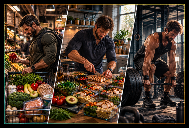 Three-panel image following the same athletic man shopping for nutritious groceries, preparing balanced meals in his kitchen and training with weights in the gym.