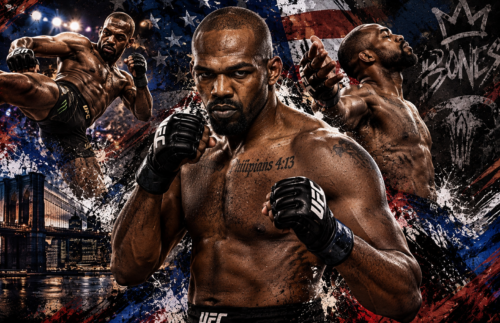 Jon Jones in a fighting stance with kicking and victory imagery in gritty American-inspired fight-poster artwork.