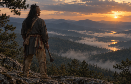Chingachgook stands alone after the final battle overlooking the mountains in the closing moments of The Last of the Mohicans.