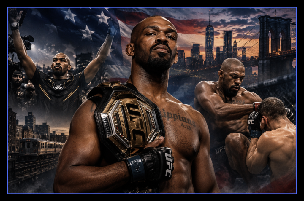 Jon Jones UFC champion montage with championship belt, fight action and New York City backdrop.