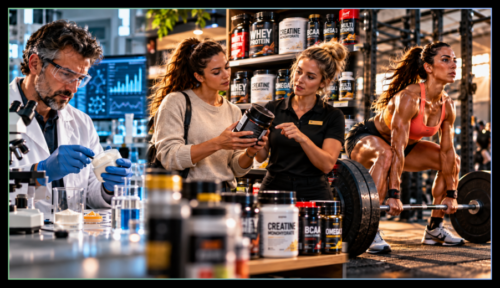Triptych-style header image showing a scientist testing supplement powder in a lab, a woman examining a supplement tub with help from a store assistant, and a female athlete deadlifting in a gym.