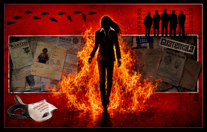 Mysterious criminal mastermind emerges from flames against a blood-red background of police dossiers, wanted posters and investigative evidence inspired by The Usual Suspects.