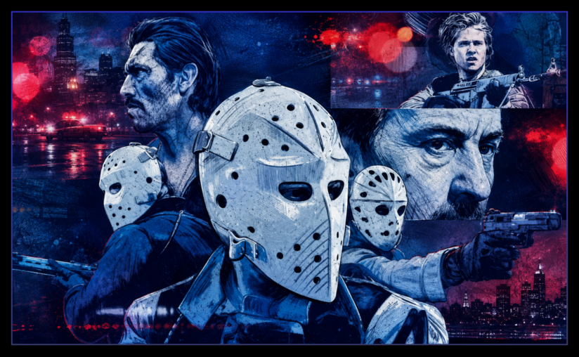 Gritty blue-and-red crime thriller collage featuring armed robbers, hockey masks, police lights and nighttime cityscapes inspired by Michael Mann's Heat.