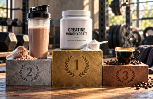Olympic-style winners' podium displaying creatine monohydrate on gold, a protein shake on silver and an espresso on bronze inside a gym.