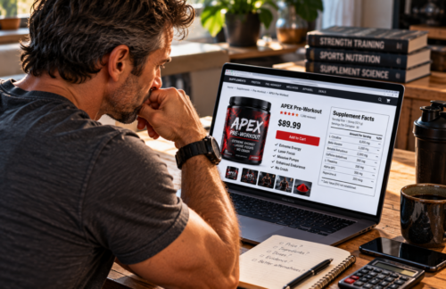 Man studying an $89.99 pre-workout supplement on his laptop, comparing the product's marketing claims with its Supplement Facts panel.