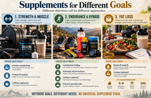 Three-panel infographic matching supplement strategies to strength and muscle, endurance and hybrid training, and fat loss, illustrated with gym equipment, sports fuels and balanced meals.