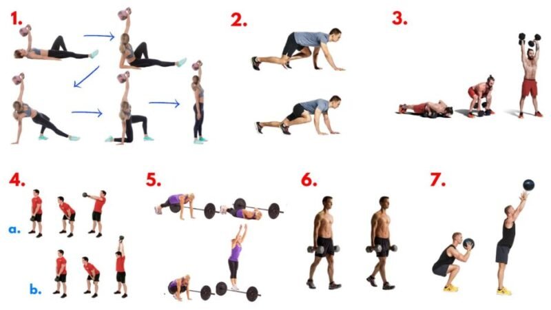 Turkish Get-Ups. Bear Crawl. Devil's Press. Russian KB Swings. American KB Swings. Burpees with Lateral Jump. Farmer's Walk. Wall Ball. Functional training. Full-body workout. High-intensity circuit. AMRAP workout. Strength and endurance. Explosive movements. Core stability.