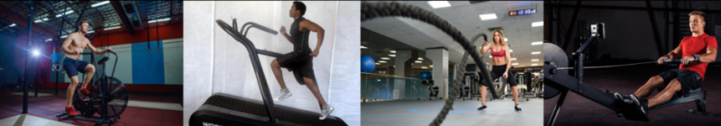Montage demonstrating multiple cardio training methods, including running, sprint intervals, cycling and rowing.