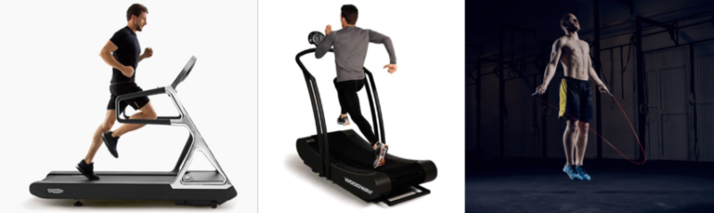 Montage demonstrating multiple cardio training methods, including running, sprint intervals, cycling and rowing.