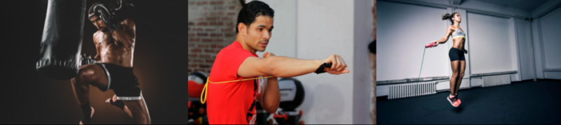 Montage demonstrating multiple cardio training methods, including running, sprint intervals, cycling and rowing.