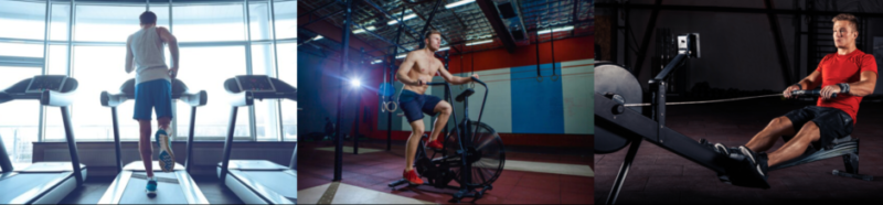 Montage demonstrating multiple cardio training methods, including running, sprint intervals, cycling and rowing.