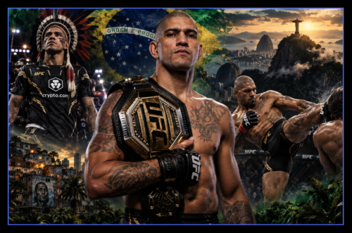 Alex Pereira UFC champion montage with championship belt, fight action and Brazilian and Rio de Janeiro imagery.
