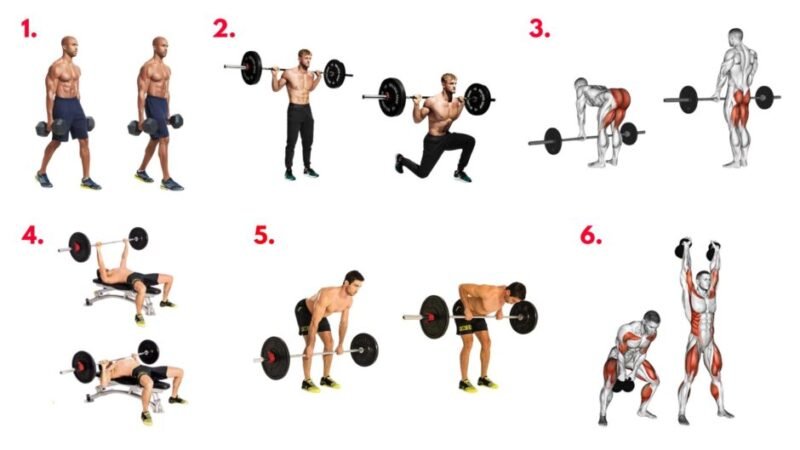 Visual breakdown of the 13 Colonies Circuit featuring farmers carry, barbell lunges, Romanian deadlift, bench press, bent-over row, alternating dumbbell snatch, American kettlebell swing, assault bike sprint, box jumps, sandbag hoists, triceps dips, dumbbell thrusters, and alternating sled push and pull. A challenging full-body workout inspired by the original 13 colonies and designed for the 4th of July.