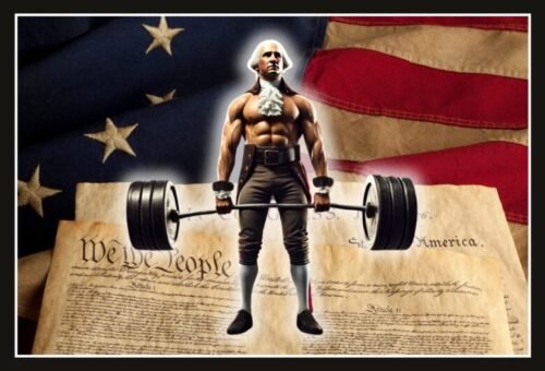 Illustration of a muscular George Washington lifting a barbell, with the Declaration of Independence text and the 13 colonies flag in the background. Header image for the '1776 Revolution — 4th of July Workouts' program, symbolizing strength, freedom, and patriotic spirit.