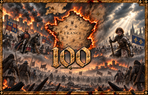 The Black Prince and Joan of Arc face each other across a burning map of France surrounded by medieval soldiers, castles and English and French standards. (Workout inspired by 100 years war).