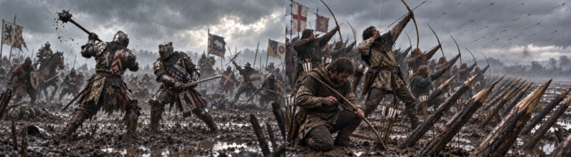English longbowmen loose arrows from behind defensive stakes while armoured knights clash in the mud, representing the brutal battlefield warfare of the Hundred Years’ War.