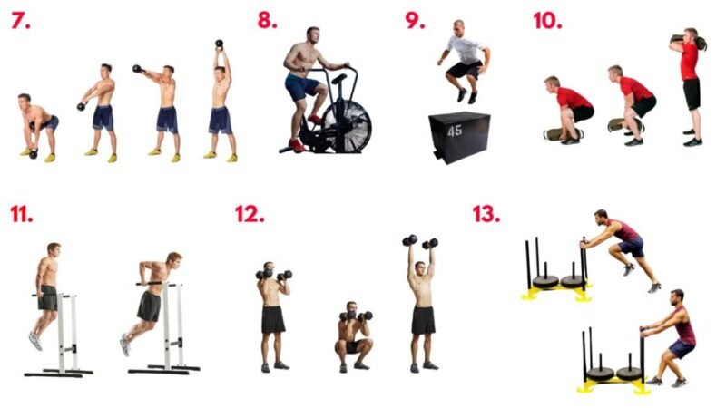 Visual breakdown of the 13 Colonies Circuit featuring farmers carry, barbell lunges, Romanian deadlift, bench press, bent-over row, alternating dumbbell snatch, American kettlebell swing, assault bike sprint, box jumps, sandbag hoists, triceps dips, dumbbell thrusters, and alternating sled push and pull. A challenging full-body workout inspired by the original 13 colonies and designed for the 4th of July.