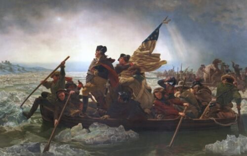Painting of George Washington crossing the Delaware River, used as an inspirational workout metaphor with the caption: 'Like Washington crossing the Delaware, sometimes you’ve got to go all in and push forward.' Symbolizes courage, commitment, and relentless forward drive.