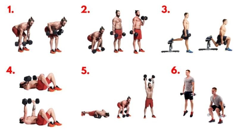 Visual breakdown of the Spirit of ’76 Dumbbell Circuit showing bent-over rows, deadlifts into biceps curls, split squats, floor press, devil’s press, and weighted jump squats. A challenging dumbbell workout designed for strength and conditioning, inspired by the 4th of July spirit.