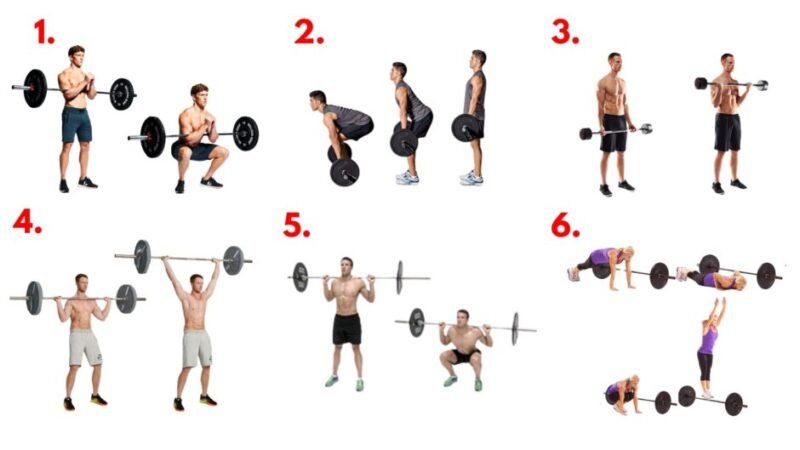 Visual breakdown of the Spirit of ’76 Barbell Circuit showing Zercher squats, deadlifts, biceps curls, overhead press, back squats, and burpees over bar. A full-body strength workout inspired by the 4th of July, combining power and endurance with barbell movements.