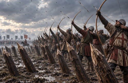 English longbowmen fire a massed volley at Agincourt from behind sharpened wooden stakes as arrows darken the sky above the battlefield.