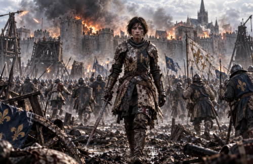 Joan of Arc stands at the centre of the French counterattack during the Siege of Orléans as French troops press the attack against the English.