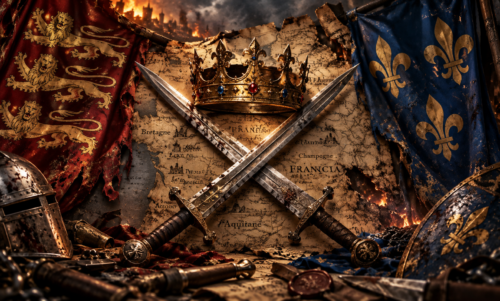 Two medieval swords cross over a French crown on a map of France, flanked by English and French banners representing the rival kingdoms of the Hundred Years’ War.