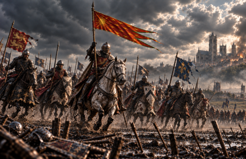 French knights charge into battle on horseback beneath the Oriflamme, carrying the sacred royal standard at the head of the attack.