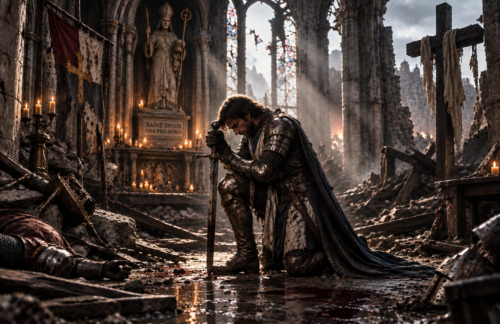 A lone French knight kneels in prayer inside a ruined chapel, asking Saint Denis for victory against the invading English army.