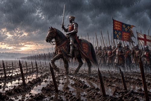 Henry V stands alone on horseback ahead of the English army, staring defiantly across the muddy field before the Battle of Agincourt.