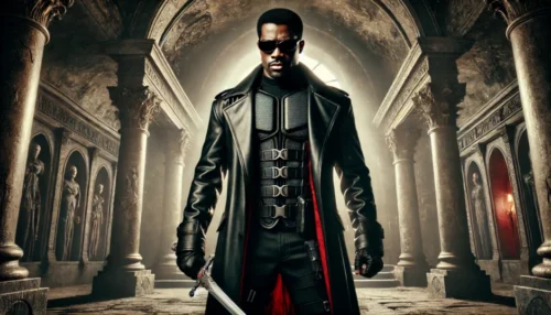 Cinematic high-intensity scene of vampire hunter Blade, standing before an ancient vampire crypt.