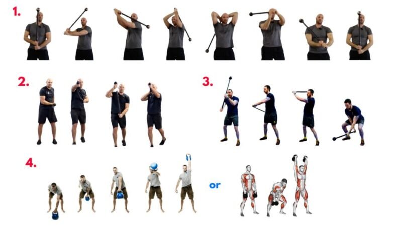 Blade Workout flow and precision circuit – macebell 360s, kettlebell snatches, power strikes, and core drills to build grip strength, control, and combat-ready movement.